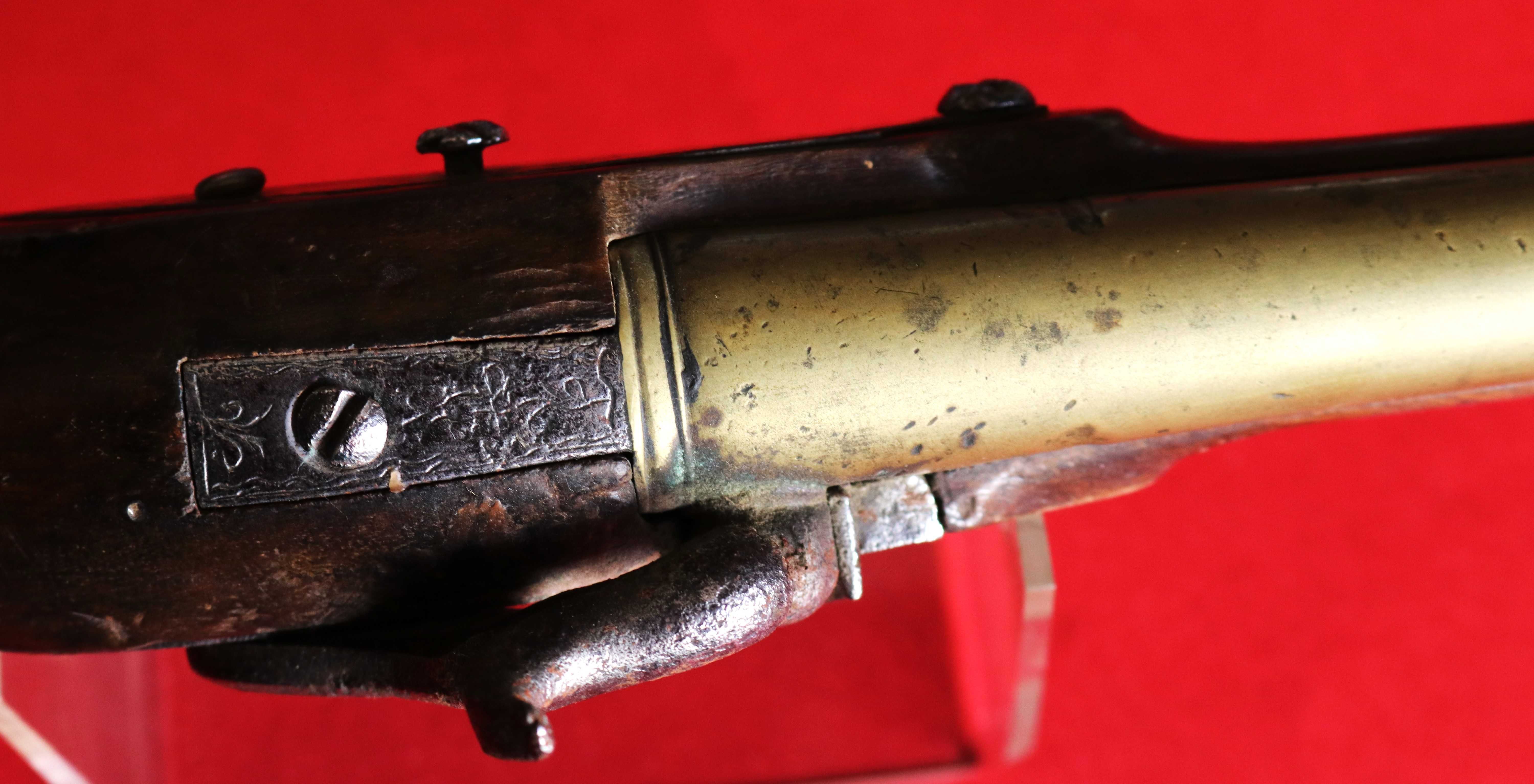 Pistola de percussão portuguesa cano bronze boca de sino rara