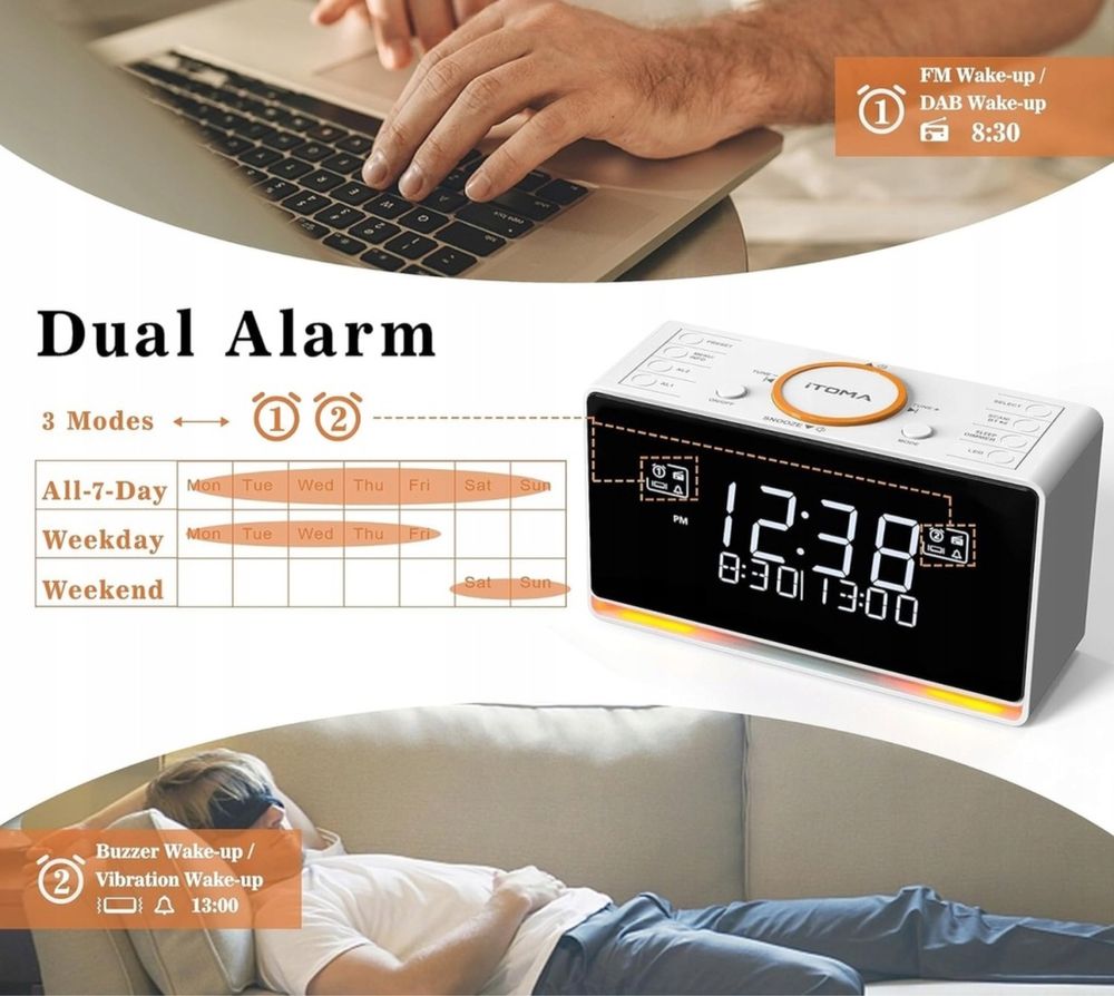 iTOMA Budzik Radio DAB i FM z 40 zaprogramowanymi stacjami, ładowarka