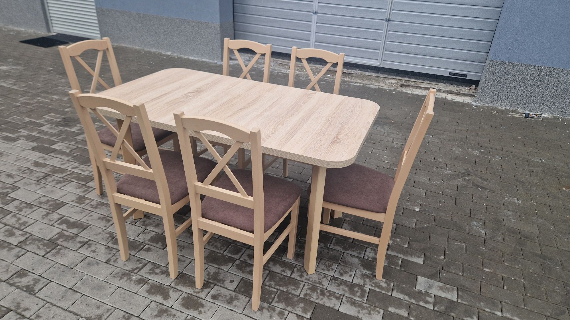 Nowe: Stół 80x140/180 + 6 krzeseł, sonoma + brąz(krzyż) dostawa całaPL