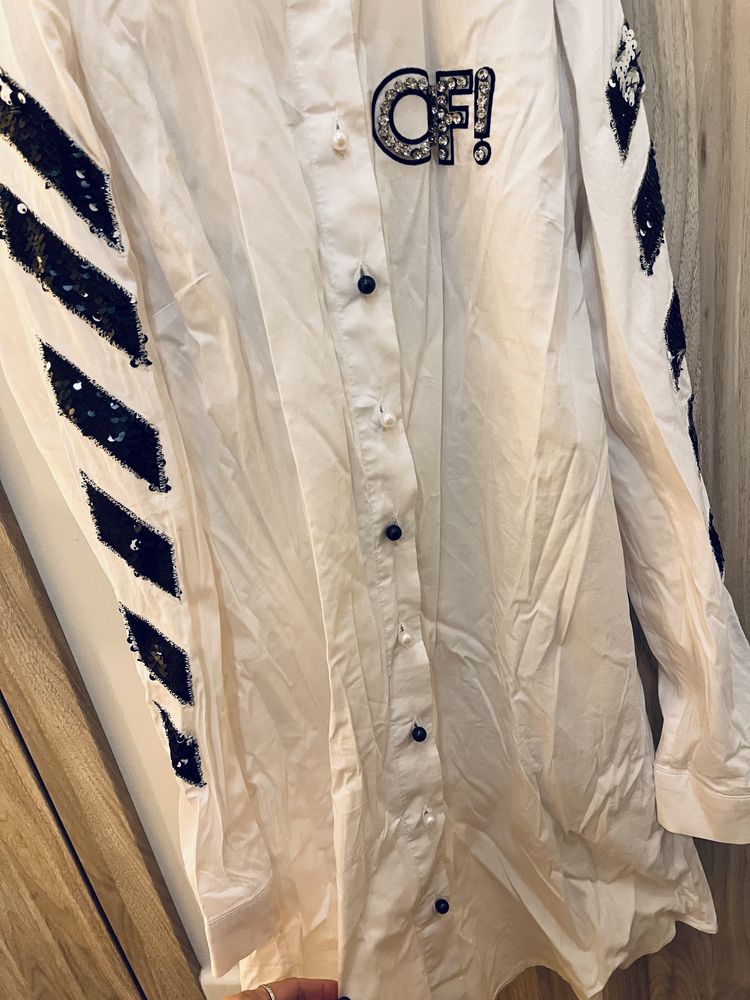 Firmowa koszula biala z czarnymi cekinami L Off- White
