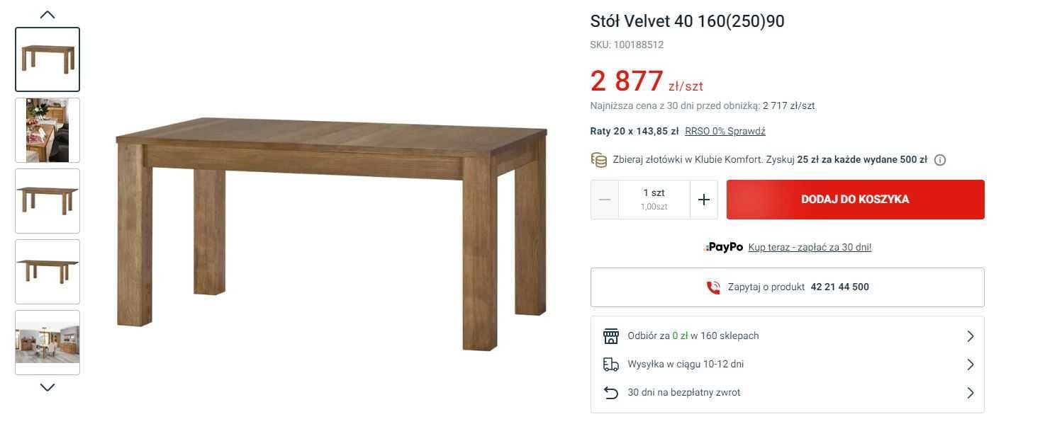 Stół Komfort Velvet 160 x 90 Szynaka Meble NOWY