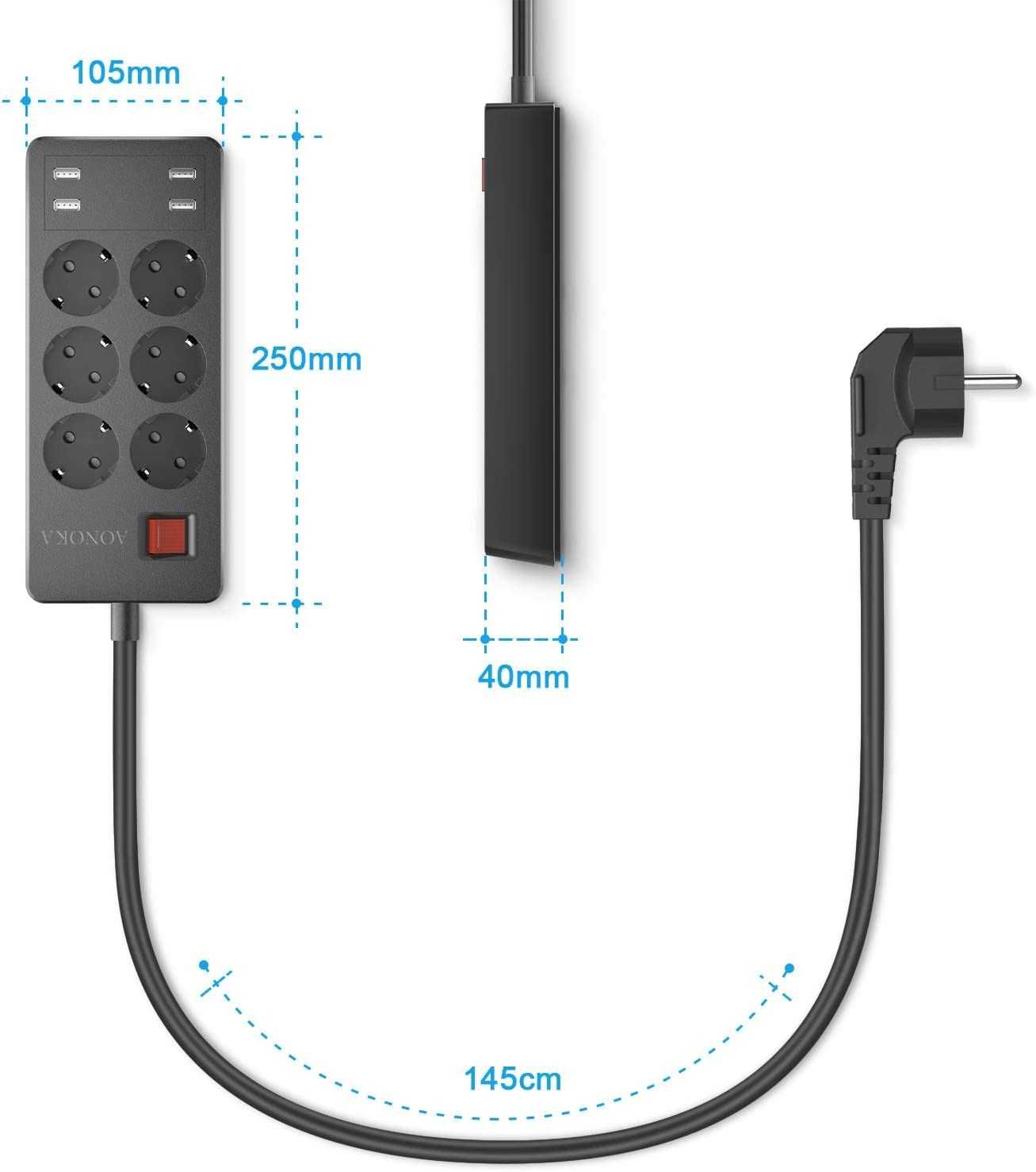 Tomada múltipla USB 4000W 16A com 6 tomadas e 4 portas USB 1,5 m preto