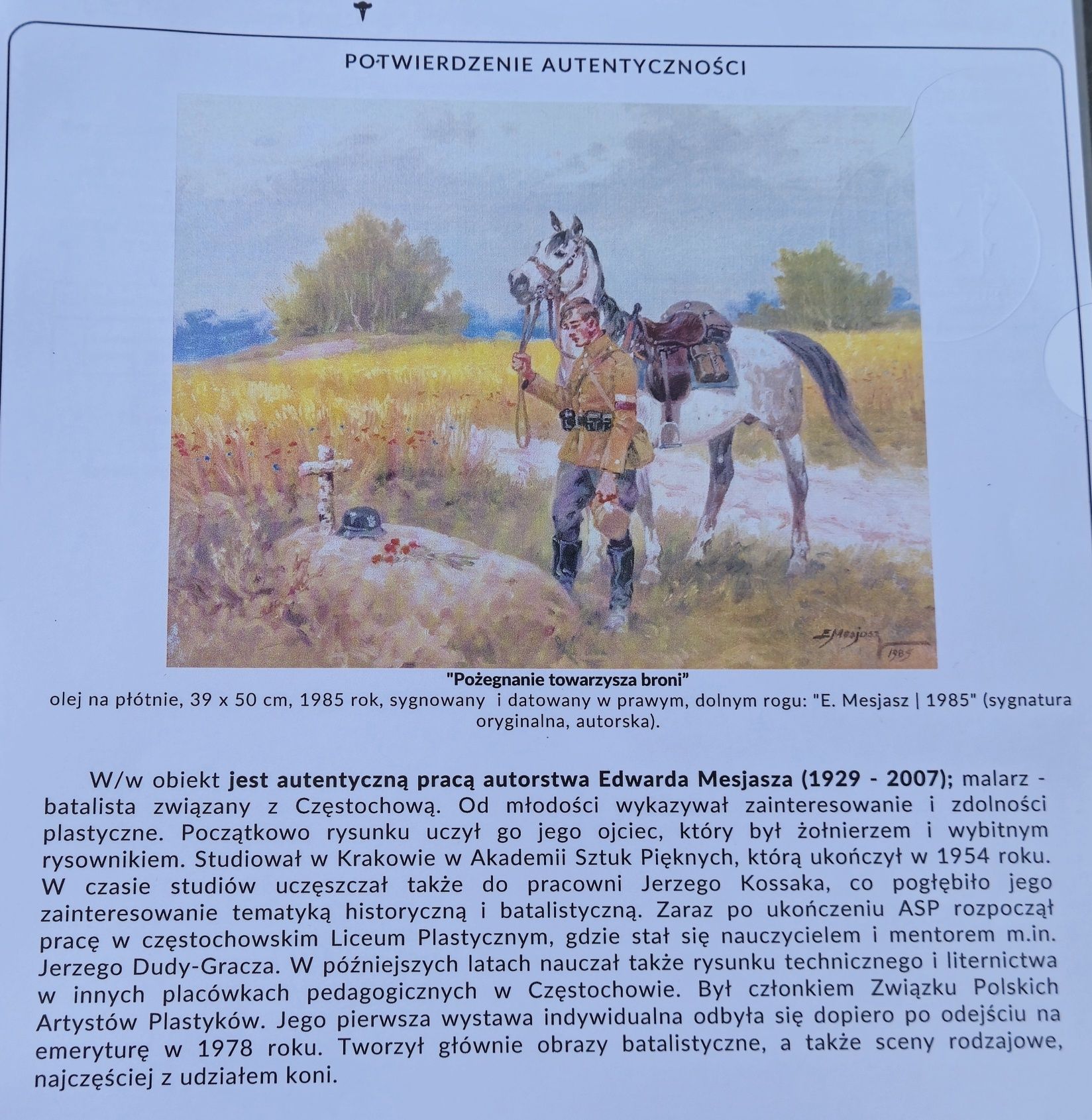 Edward Mesjasz - Pożegnanie towarzysza broni - Olej płótn Uczeń Kossak