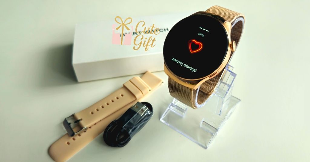 Elegancki Damski Smartwatch, Zegarek dla Kobiet, Złoty, Menu PL, Puls
