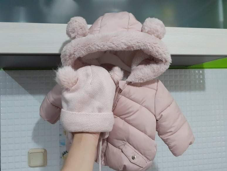 Piekna 56 62. 68 pudrowa kurtka zimowa na misiu miś futerko