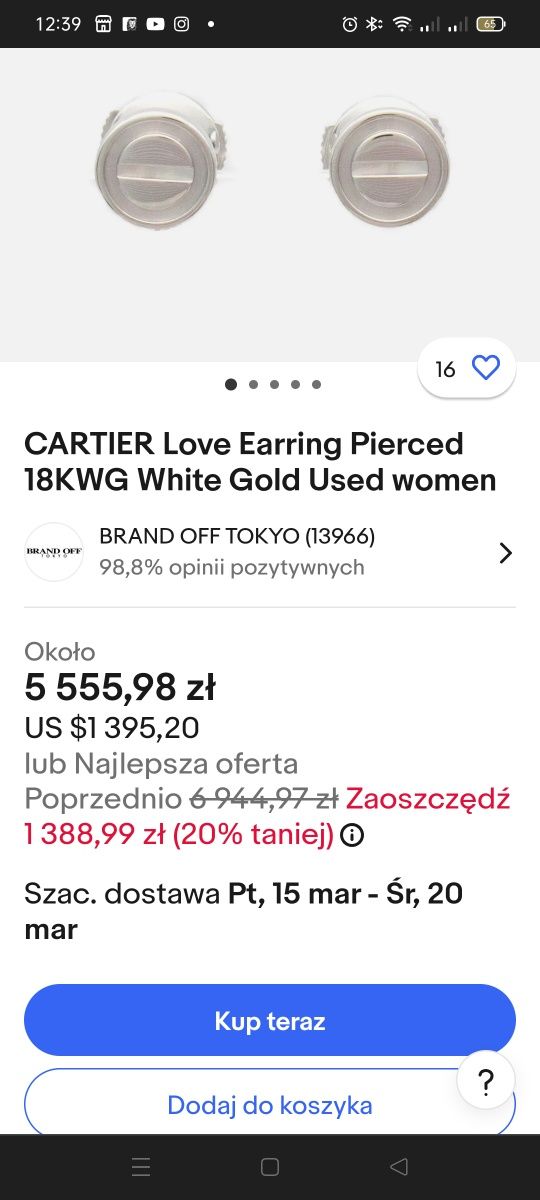 Kolczyki  Cartier Love Earring Pierced białe złoto 3,35g próba 750