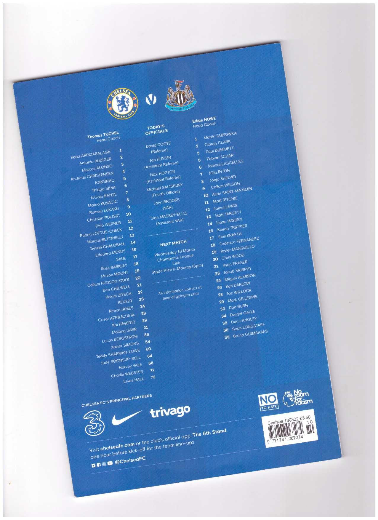 Program meczowy Chelsea - Newcastle 2022 r.