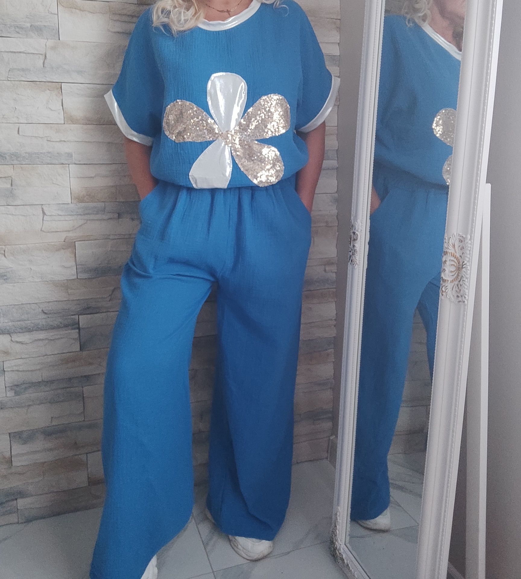 Komplet muzlinowy bluzka i spodnie srebrne dodatki z kieszeniami 95% b