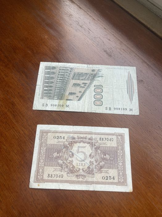 Notas 5 e 1000 liras africa dul e espanha