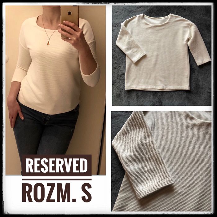 84. S Reserved bluzka w prążek złamana biel, biała. Krótsze rękawy 3/4