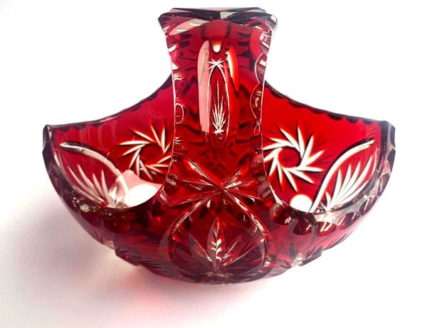 Duży rubinowy koszyk kryształowy czerwona misa polski kryształ cięty