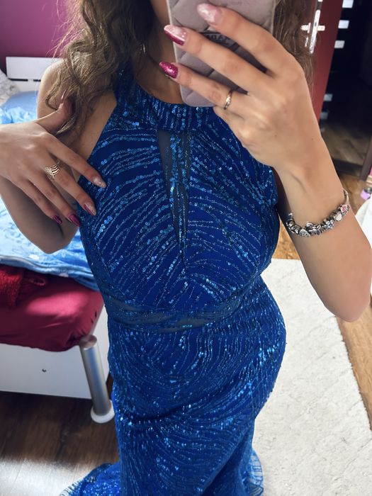 Sukienka maxi długa zdobiona niebieska cekiny brokat s m syrenka butik