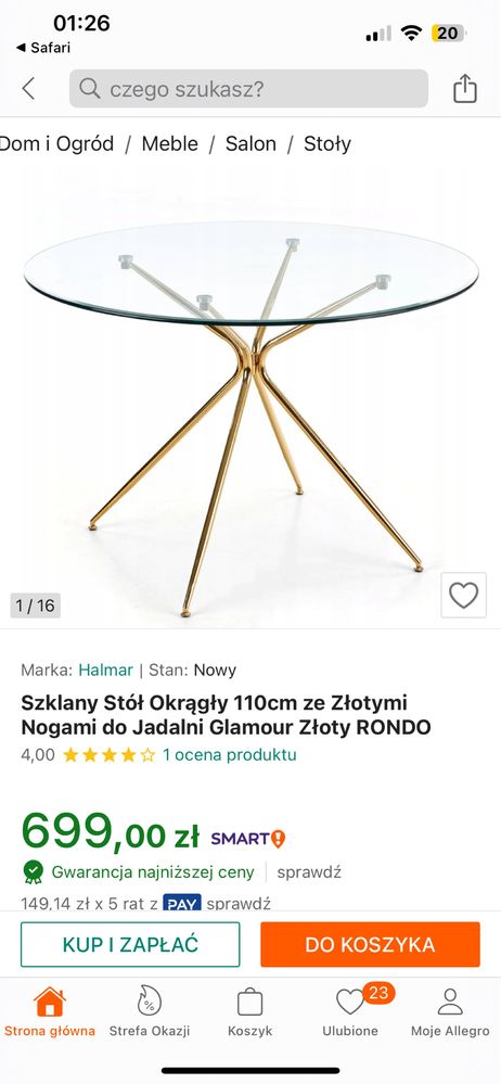 Rondo stół szklany ze zlotymi nogami