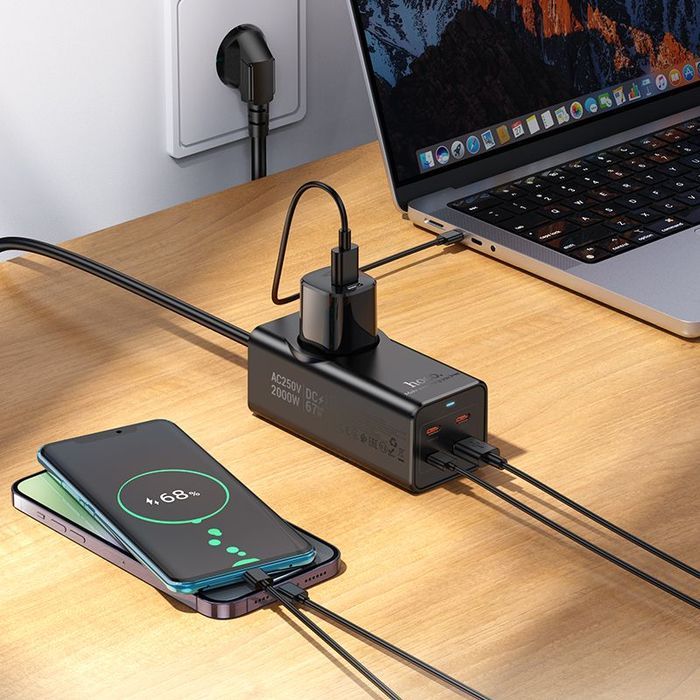 Hoco Ładowarka Przedłużacz 2 m 1 gniazdo + 3 x USB C QC3.0 67W