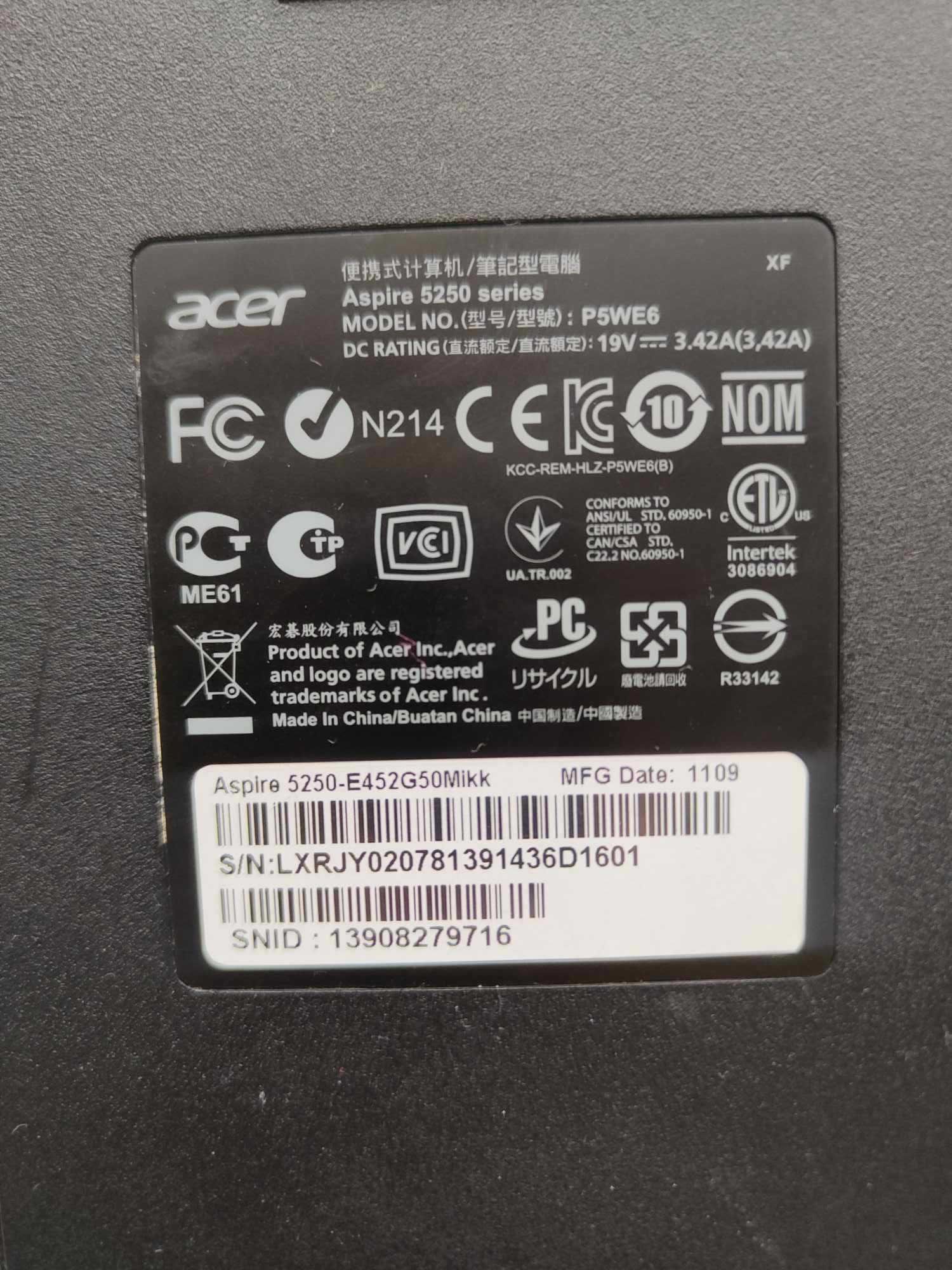 Laptop Acer Aspire 5250-E452G50Mikk, model: P5WE6