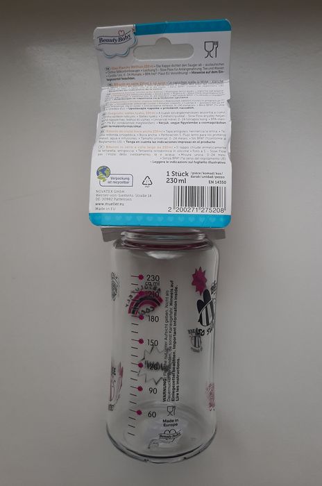 Пляшечка (бутилочка) для годування скляна 230 мл (0-24 m) Beauty Baby