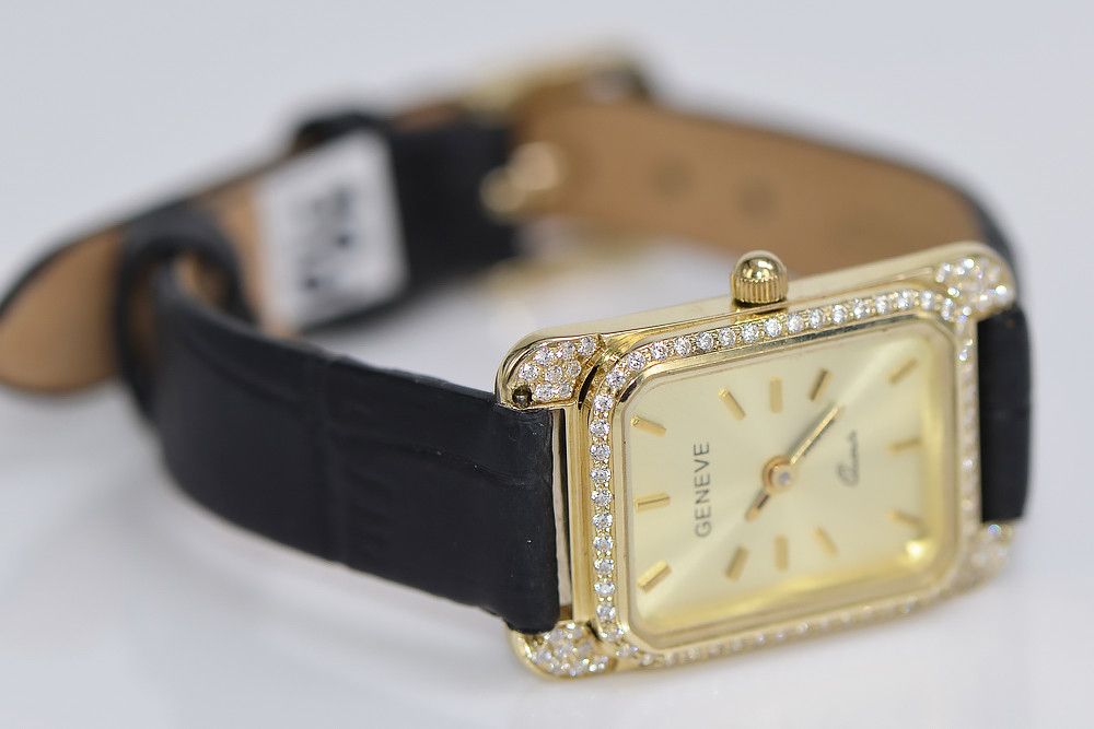 Prześliczny 14K 585 złoty prostokątny damski zegarek Geneve Gdańsk