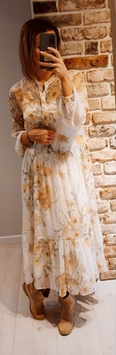 Dluga maxki luzna obszerna zwiewna szyfonowa sukienka w kwiaty L/XL