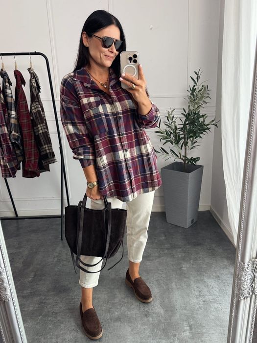 Koszula w kratę beżowa bordo flanelowa jesien Varlesca chicaca S M L X
