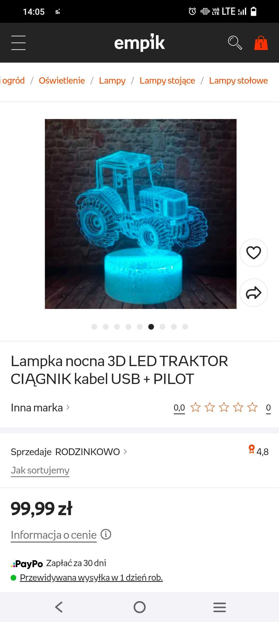 Lampka dla chłopca nocna 3D LED TRAKTOR CIĄGNIK kabel USB + PILOT nowa
