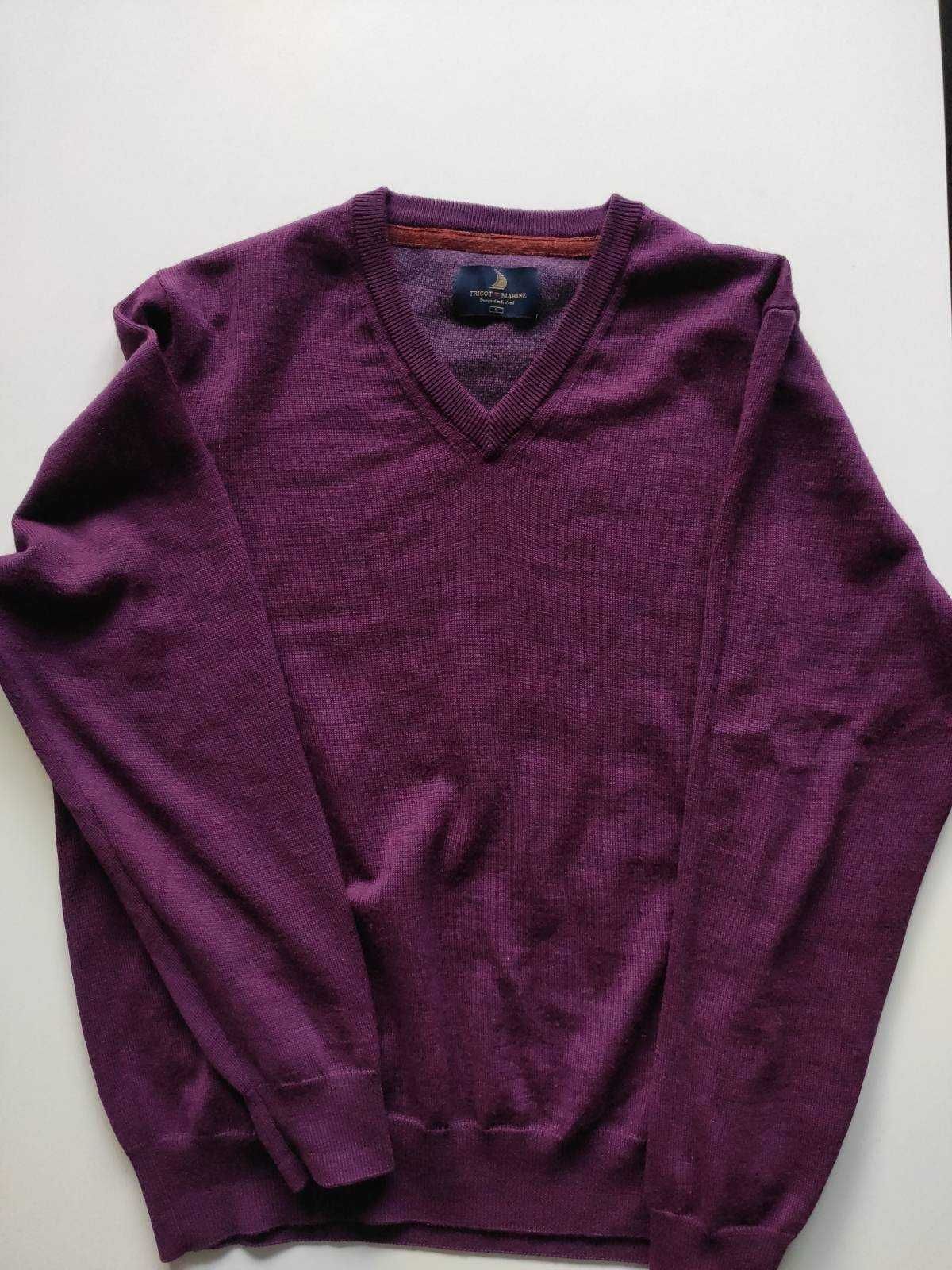 wełniany sweter L dekolt w serek tricot marine