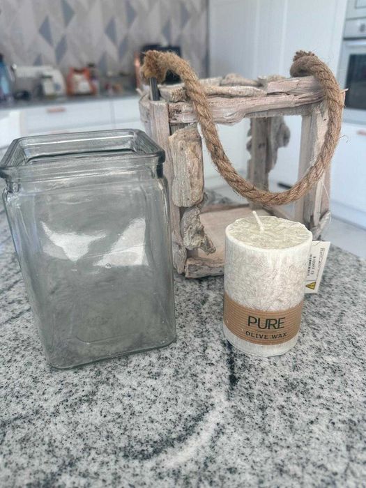 Lampion na świecę świecznik wiszący drewniany szkło NOWY!