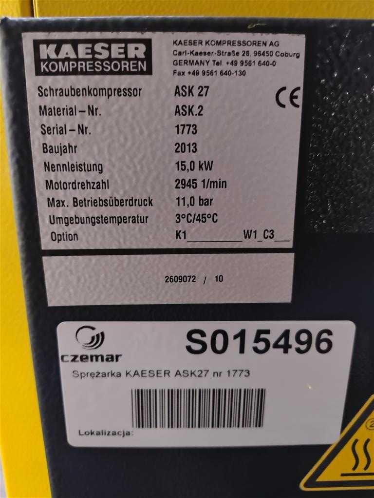 SPRAWNA!!! Sprężarka KAESER ASK27 15kW, 2,35m3/min, 11 Bar, S015496