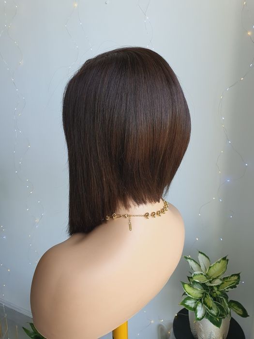 Peruka z włosów naturalnych ludzkich ciemny brąz long bob Anna