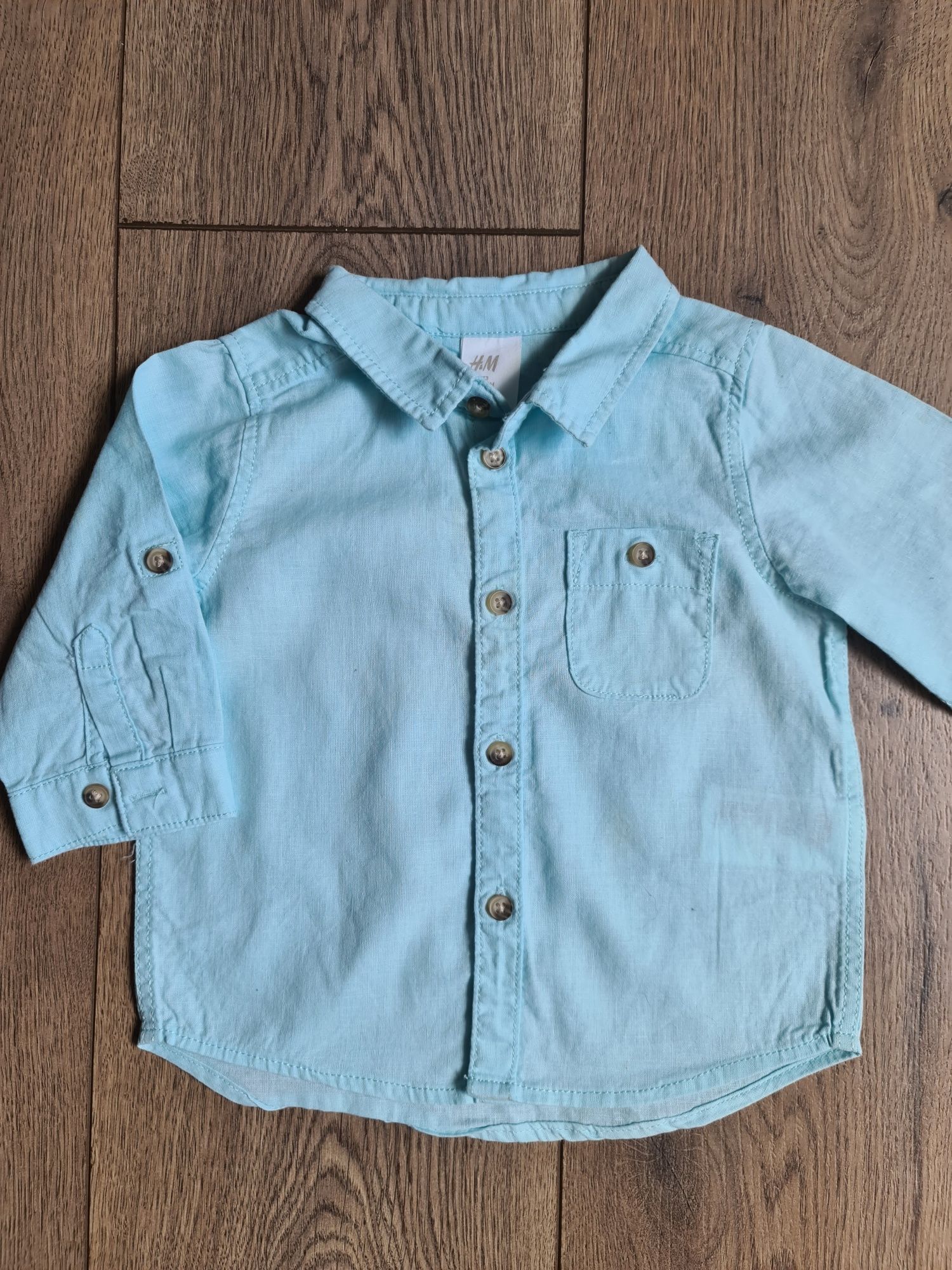 Miętowa koszula lniana dla chłopca podwijane rekawy H&M Rozmiar 68 cm