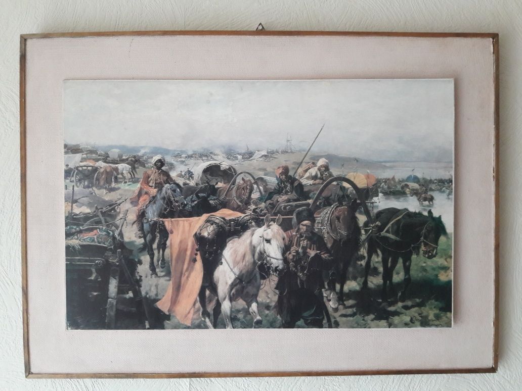 Stary obraz Józef Brandt Obóz Tatarski Prl