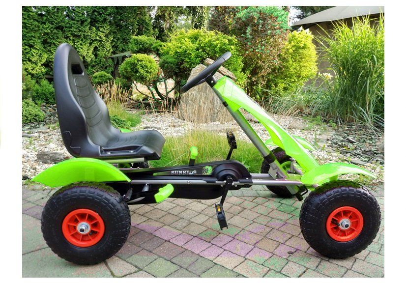 Gokart na pedały pompowane koła hamulec metalowa rama zielony 107cm