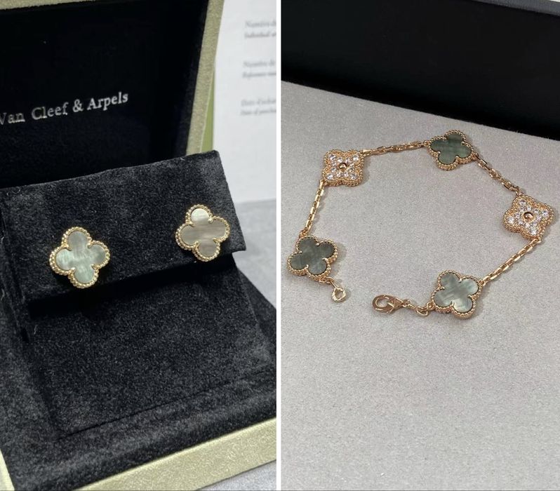 Комплект набір сережки кулон Van Cleef рожевий сірий перламутр