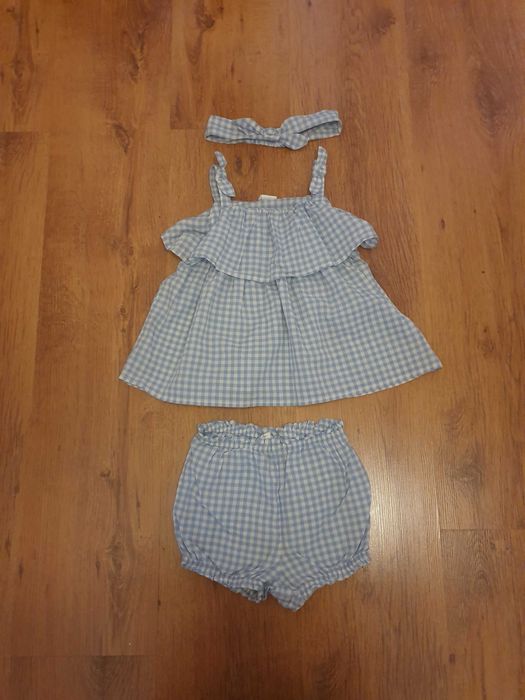 bawełniany komplet 86 h&m niebieska kratka top,bufiaste majtki,opaska