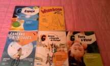 Livros e cadernos de atividades de várias disciplinas, 6, 7, 8,e 9 ano