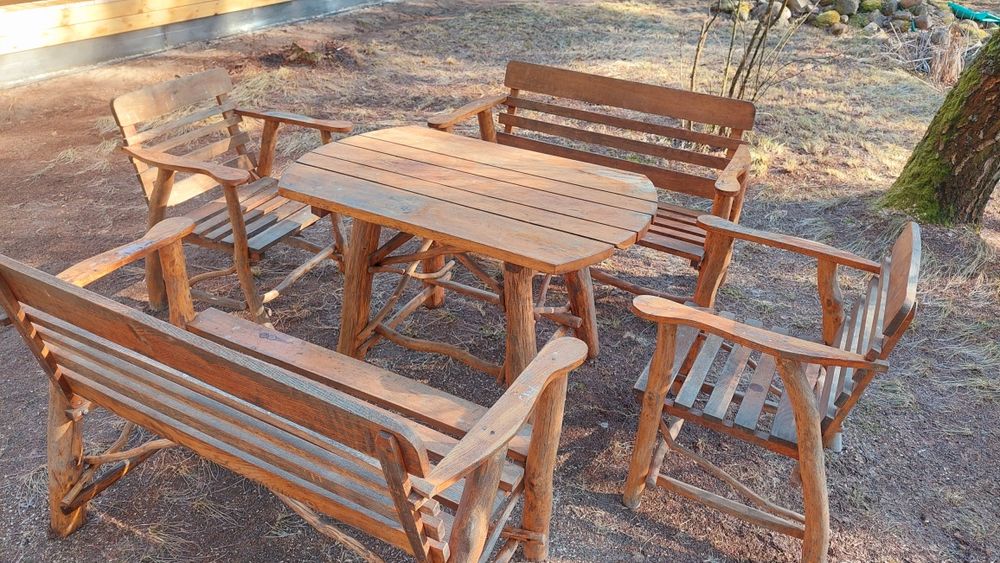 Zestaw tarasowy ogrodowy dębowy stół ławy - sofy fotele