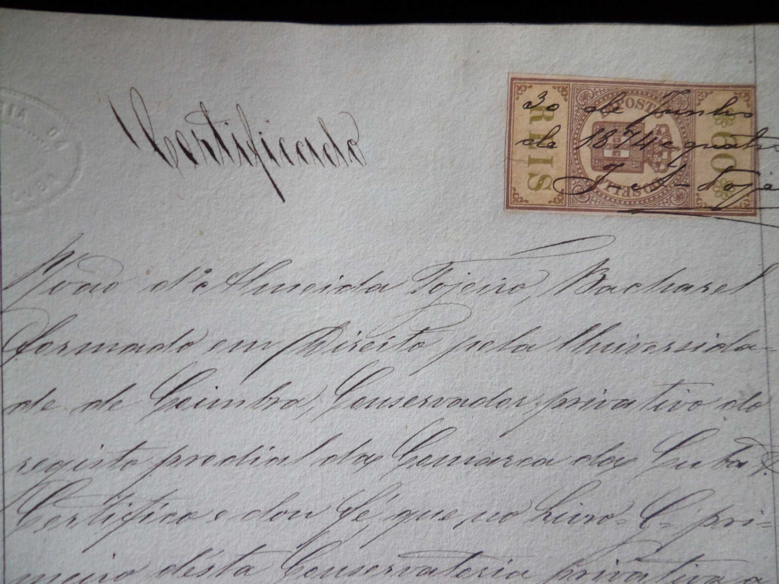 Documento Manuscrito  'Certificado' Selado , ano 1874