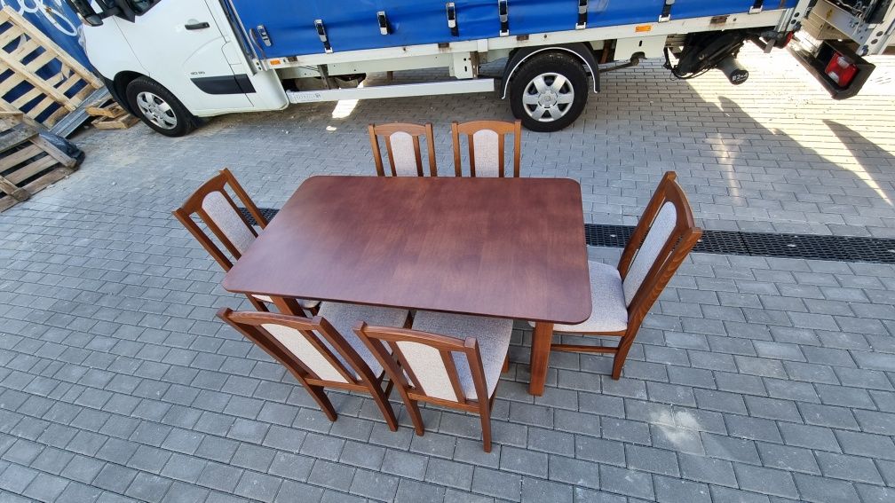 Nowe: Stół 80x140/180 + 6 krzeseł, kasztan + kawa z mlekiem, transPL