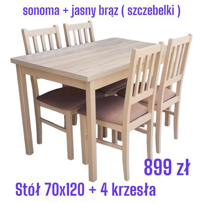Nowe : STÓŁ 70x120 + 4 KRZESŁA , sonoma + jasny brąz , dostawa PL
