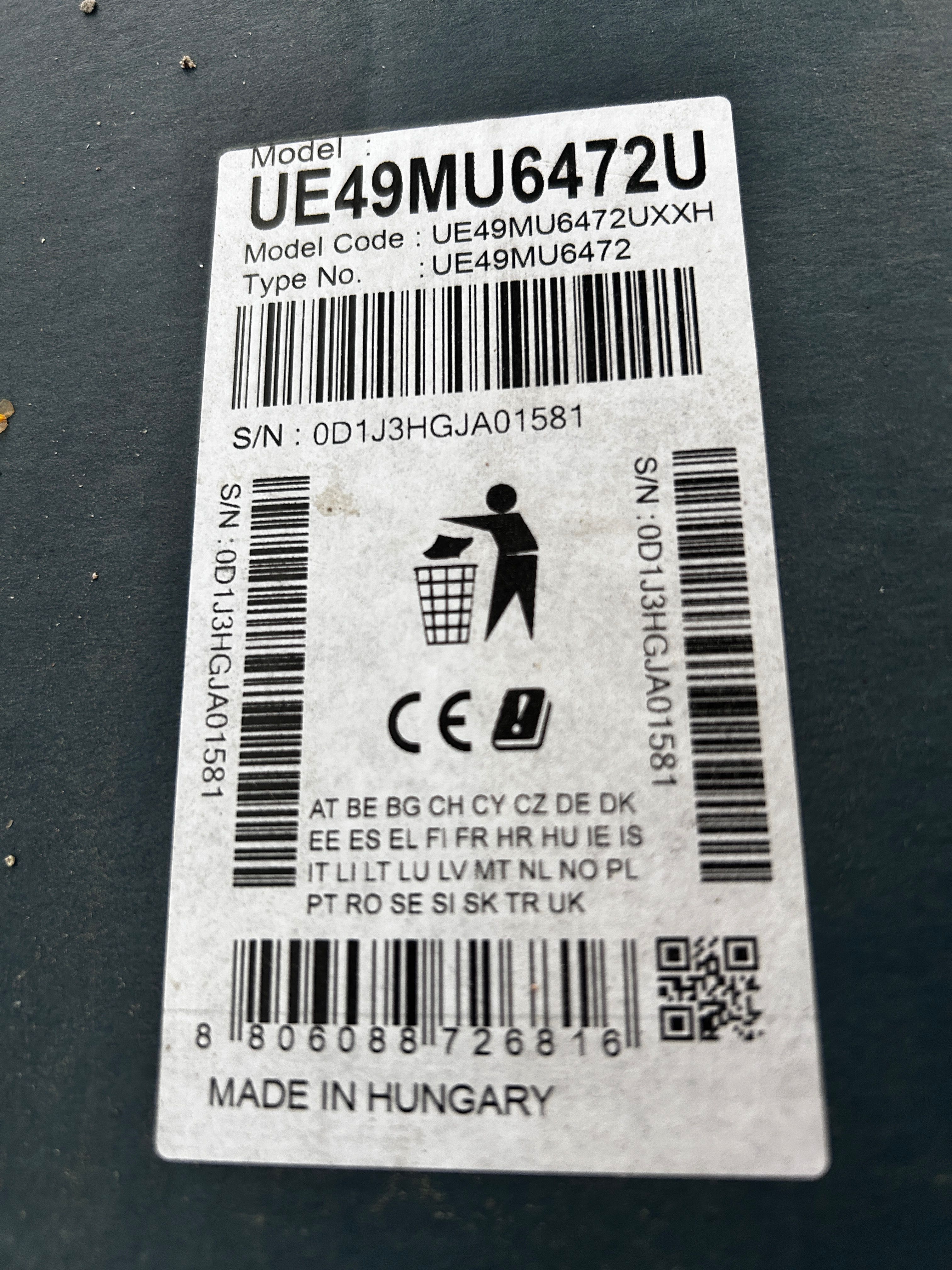 Uszkodzony tv Samsung model: Ue49mu6472u 49 cali