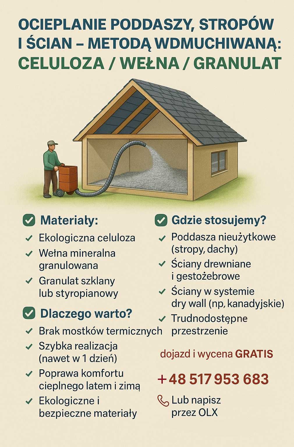 Ocieplanie poddaszy stropów metoda wdmuchiwana CELULOZA/WEŁNA/GRANULAT