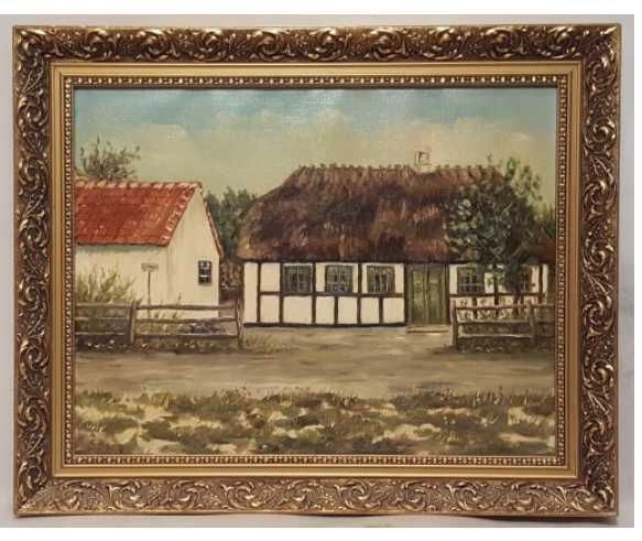 sygnowany, stary obraz olejny „ Domek pod strzechą"