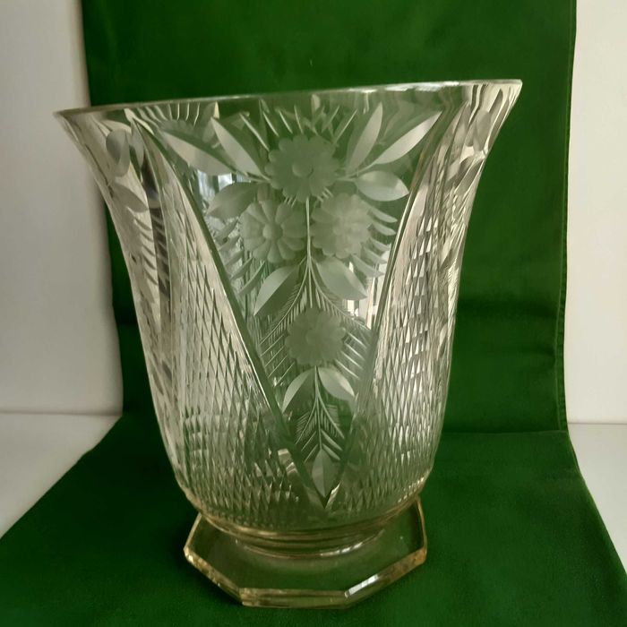 Retro Vintage Antigo Vaso Taça Vidro Urânio Cristal Trabalhado