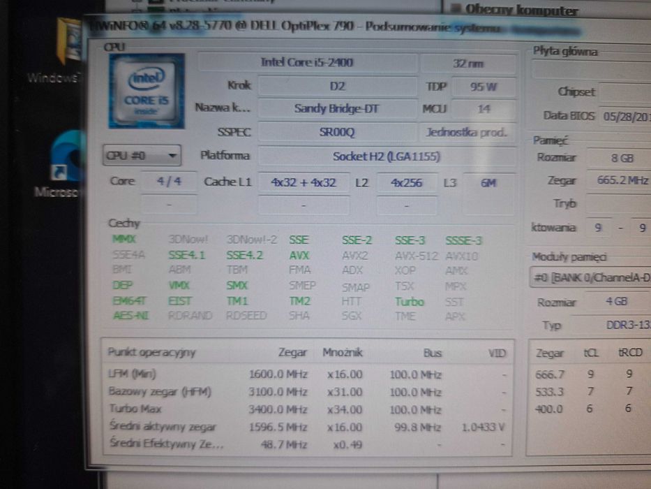 Komputer Dell Optiplex 790 i5 2400 8GB RAM 320GB HDD Win7 org