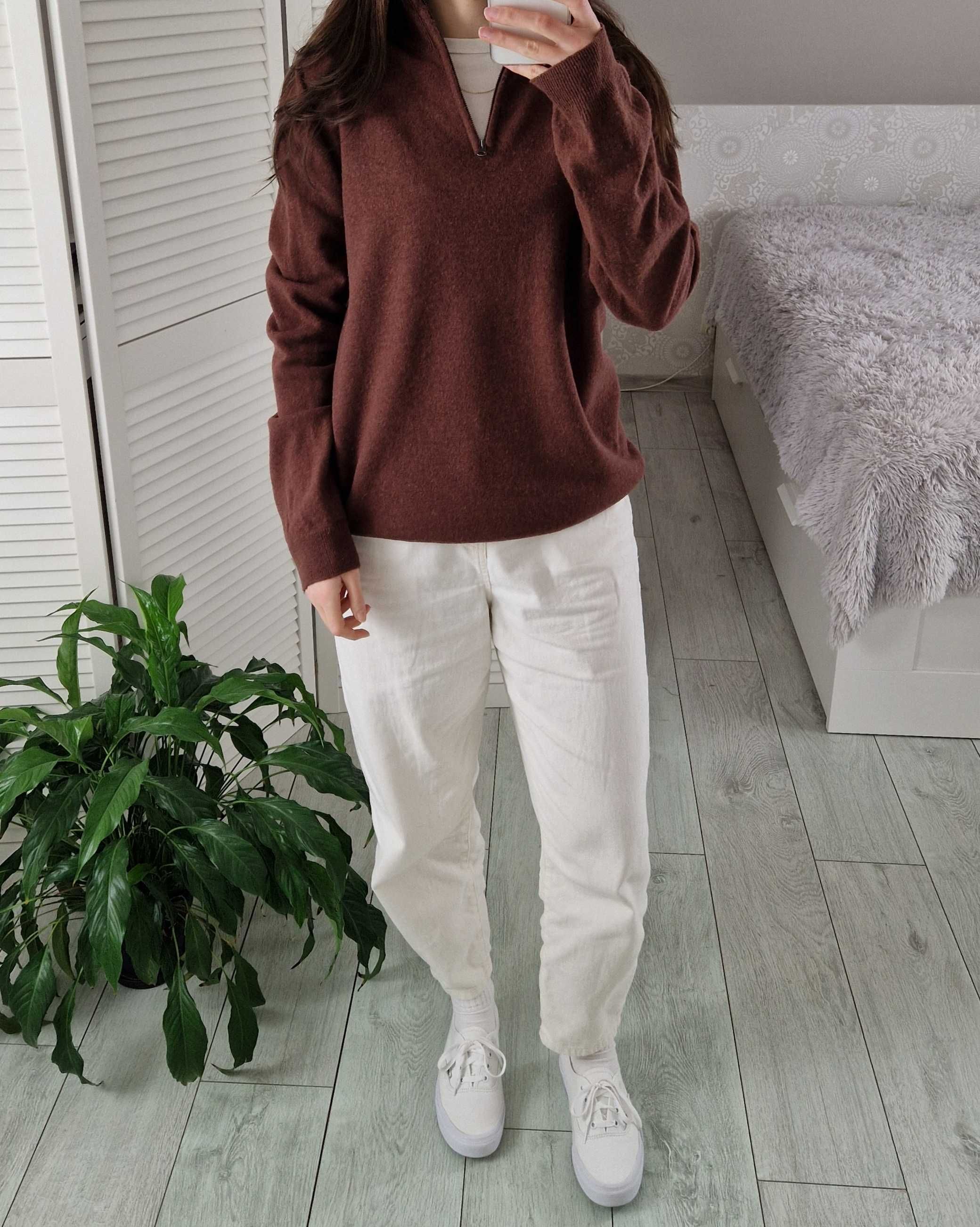 MB brązowy wełniany sweter z suwakiem 80% lambswool wełna M