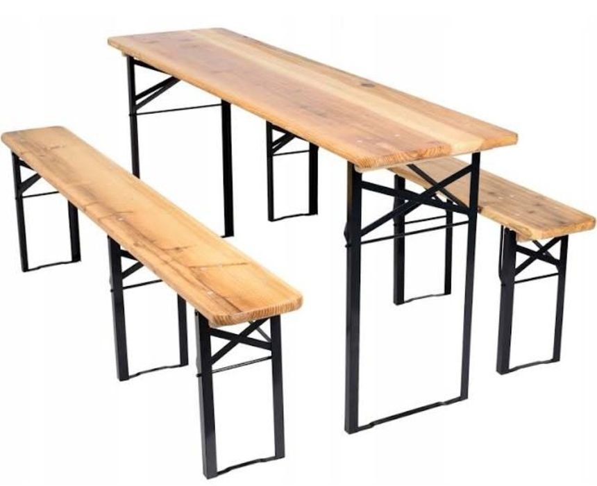 Zestaw biesiadny składany stół+2 ławki | drewno+stal dł 177cm. i 220cm