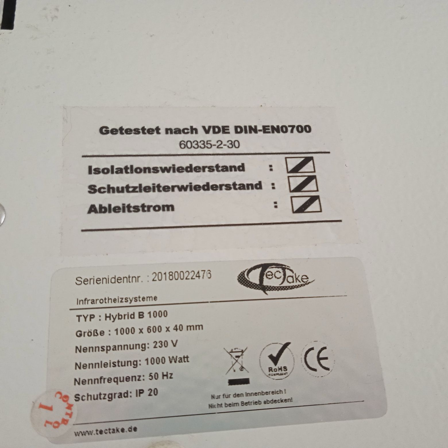 Duży grzejnik na podczerwień/elektryczny Tectake +termostat