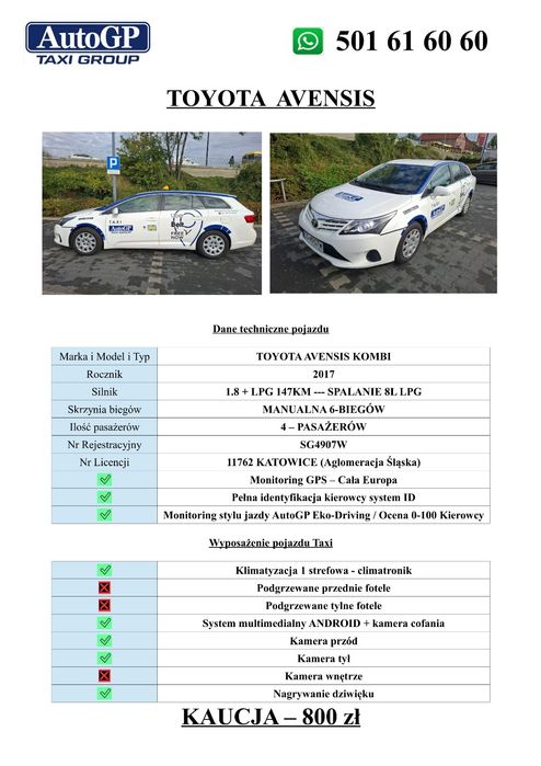 Kierowca TAXI Wynajmę samochód osobowy Toyota Avensis kombi ben.+gaz