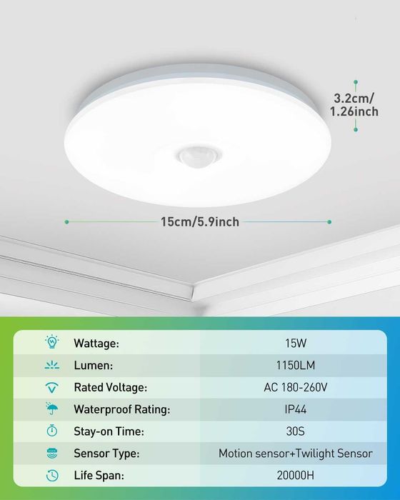 Lampa sufitowa LED 15W z czujnikiem ruchu 15cm IP44 3 barwy