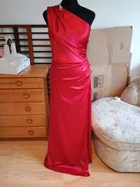 Czerwona satynowa sukienka maxi na jedno ramię