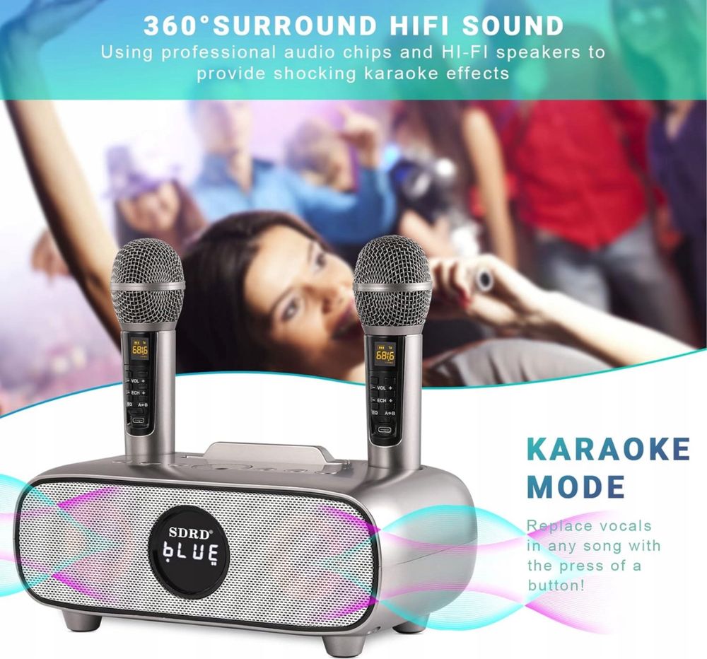 Maszyna karaoke przenośna, Bluetooth, mikrofony